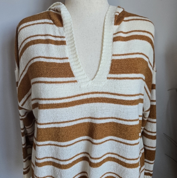 LOFT, New, Tan White Striped Hooded Lightweight Essential Sweater, Size Large - Picture 5 of 13